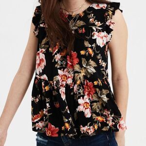 American Eagle Black Floral Short Ruffle Sleeve Blouse Top Peplum Flowy Shirt S